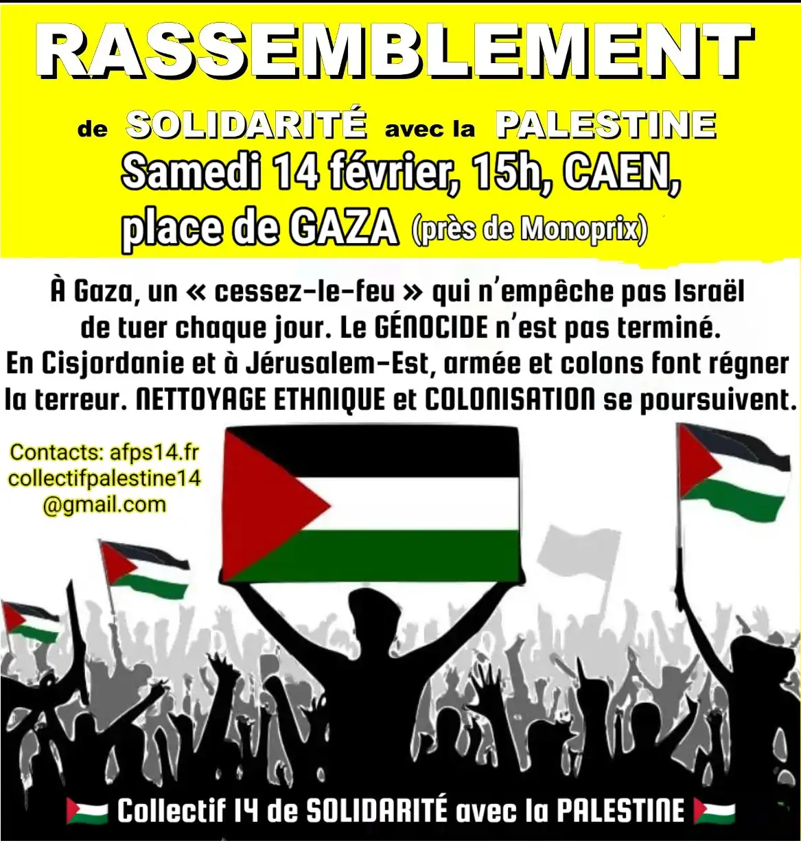 Visuel rassemblement samedi 14 février, 15H place de Gaza, en face de Monoprix à Caen