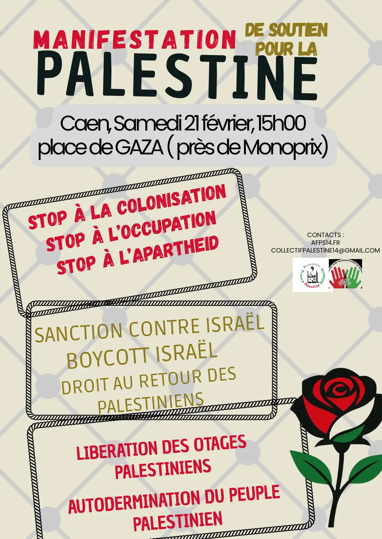 il y a une fleur rouge et le text 'Manifistation de soutien pour la palastine sancation contre Israël,boycott isreal droit au retour des palestiniens, libration des otages,  palestiniens autodermination du peuple palestinien.'