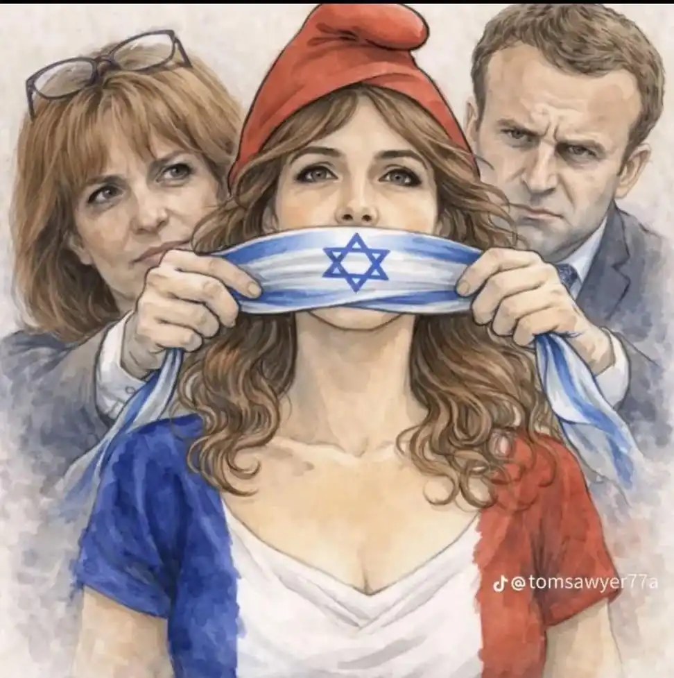 Macron et Mme Yadan muselent Marianne (le drapeau bleu blanc rouge sur l'épaule) par le drapeau d'Israël.