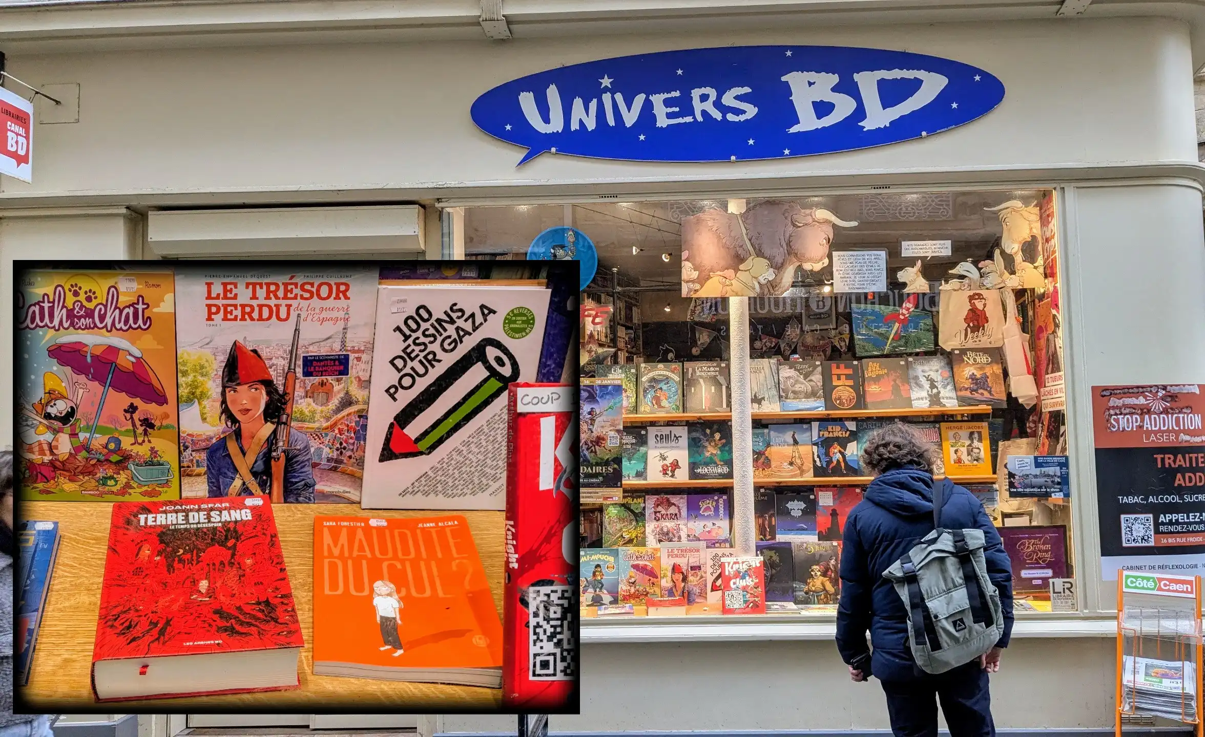 boutique rue Froide, Caen (vitrine et détail)il y a deux livres 100 dessins pour Gaza, terre de sang